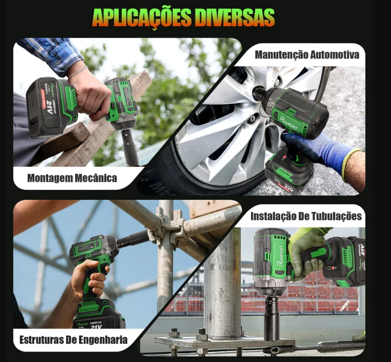 Parafusadeira Chave De Impacto 21V Brushless Runport Verde Profissional Kit C/2 Bateria Lítio 4.0Ah 400Nm 3200RPM - Imagem 3