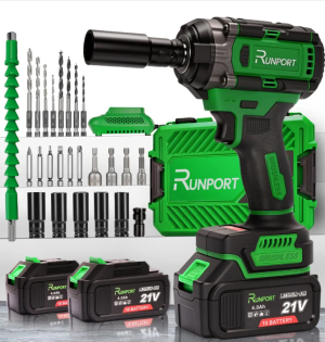 Parafusadeira Chave De Impacto 21V Brushless Runport Verde Profissional Kit C/2 Bateria Lítio 4.0Ah 400Nm 3200RPM
