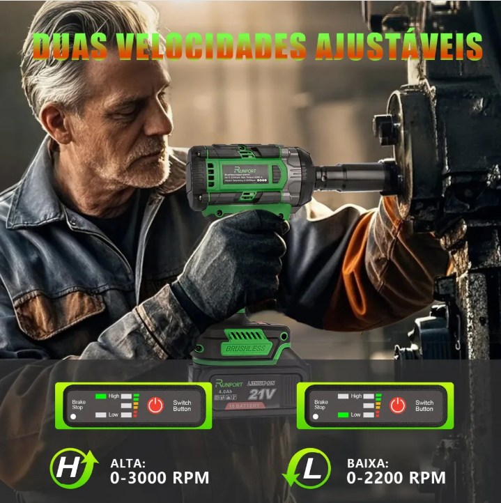 Parafusadeira Chave De Impacto 21V Brushless Runport Verde Profissional Kit C/2 Bateria Lítio 4.0Ah 400Nm 3200RPM - Imagem 5