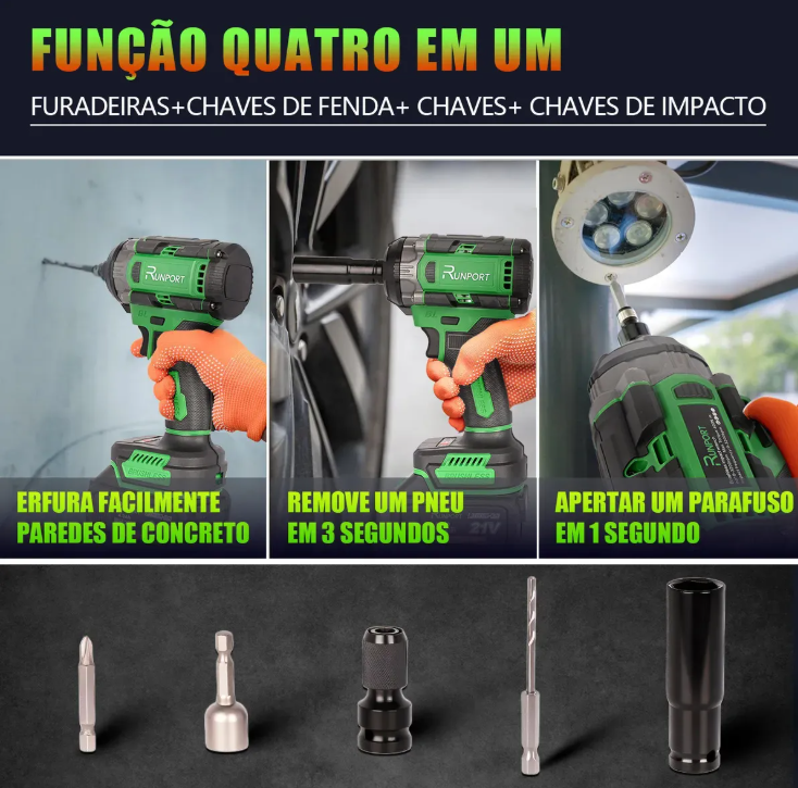 Parafusadeira Chave De Impacto 21V Brushless Runport Verde Profissional Kit C/2 Bateria Lítio 4.0Ah 400Nm 3200RPM - Imagem 2