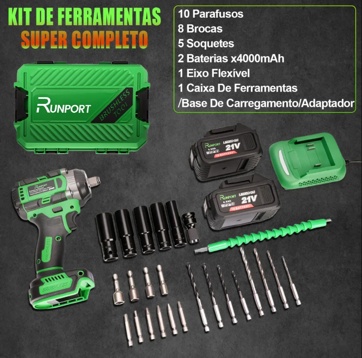 Parafusadeira Chave De Impacto 21V Brushless Runport Verde Profissional Kit C/2 Bateria Lítio 4.0Ah 400Nm 3200RPM - Imagem 4